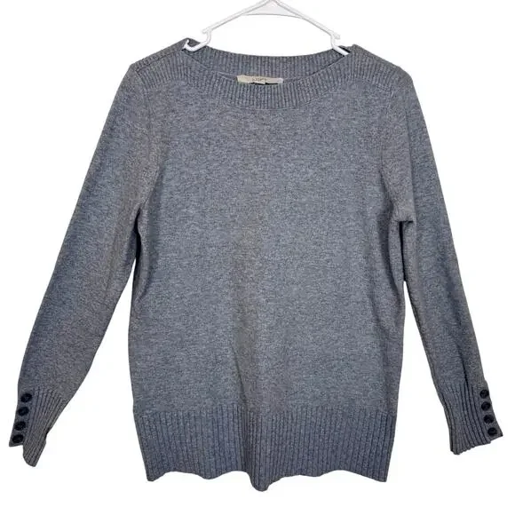 LOFT Gray Knit Sweater Button Cuff Long Sleeve Ribbed Hem Women’s Medium - Picture 1 of 7
